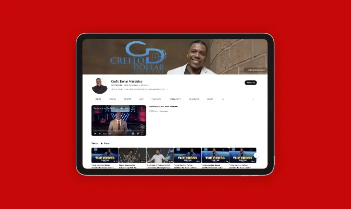 Creflo Dollar Ministries Youtube Channel as seen on a tablet with red background